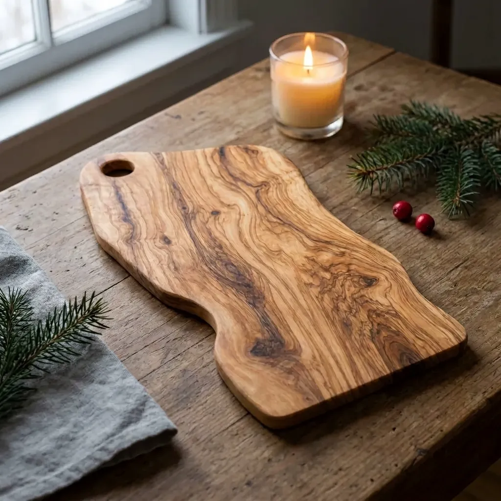 Alba olive wood serving board on a farmhouse table, pine sprigs and a lit candle beside it