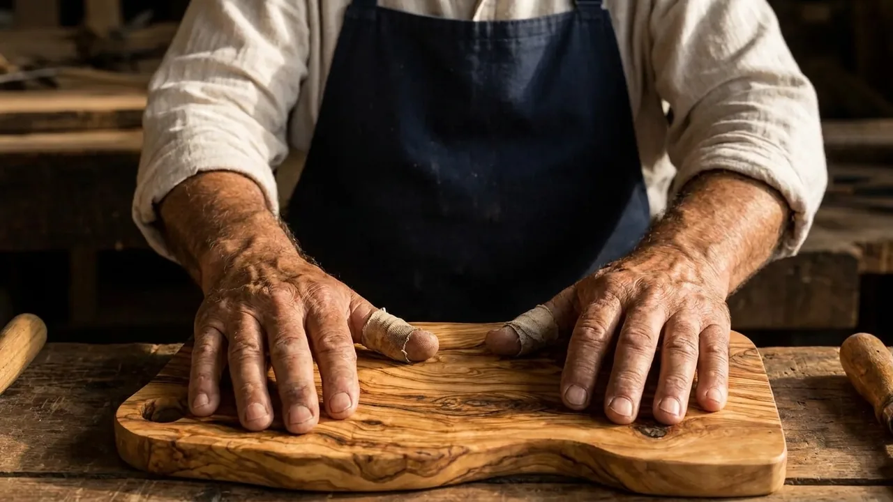 Two hands flat on a finished olive slab, taped fingers, workshop bench